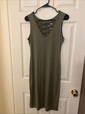 Decree Olive Green Sleeveless Midi Dress with Lattice V-Neck